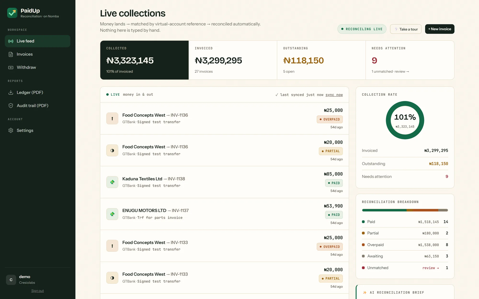 Live collections — money landing and reconciling itself