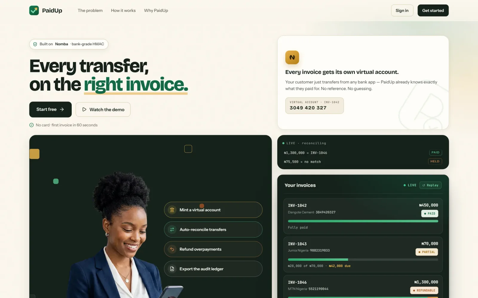 The PaidUp landing page: Every transfer, on the right invoice.